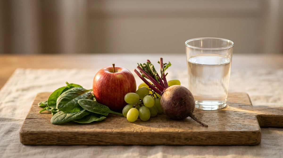 Spinach, apple, grapes and beet on a wooden board beside a glass of water