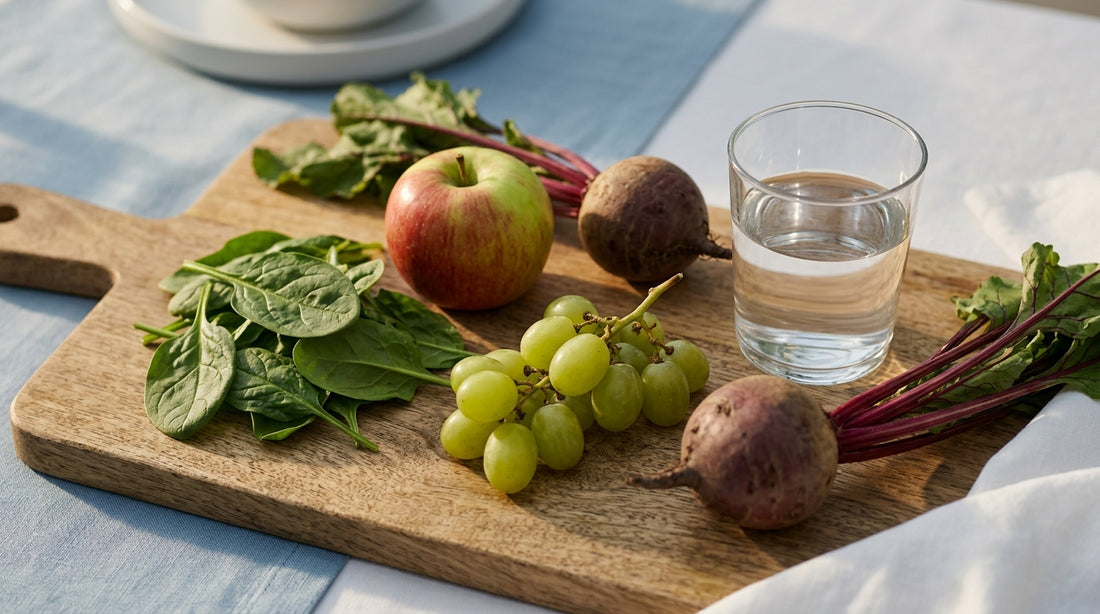 Spinach, apple, grapes and beet on a wooden board beside a glass of water