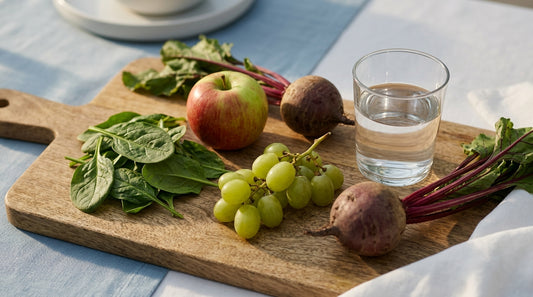 Spinach, apple, grapes and beet on a wooden board beside a glass of water