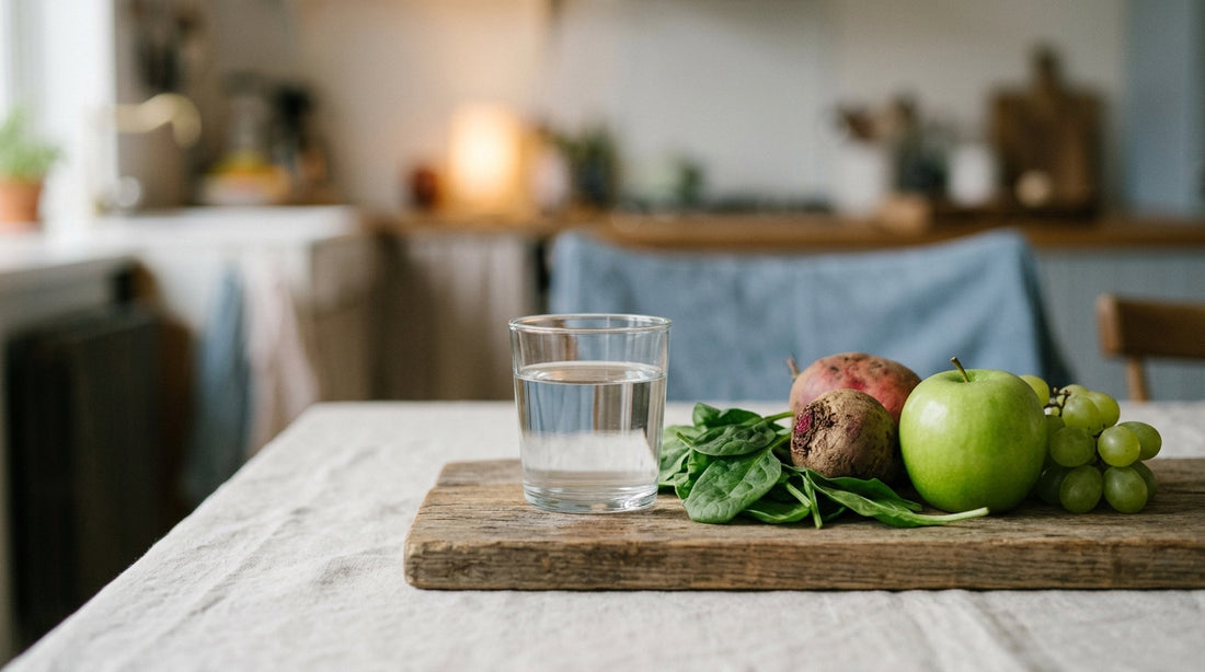 Spinach, apple, grapes and beet on a wooden board beside a glass of water