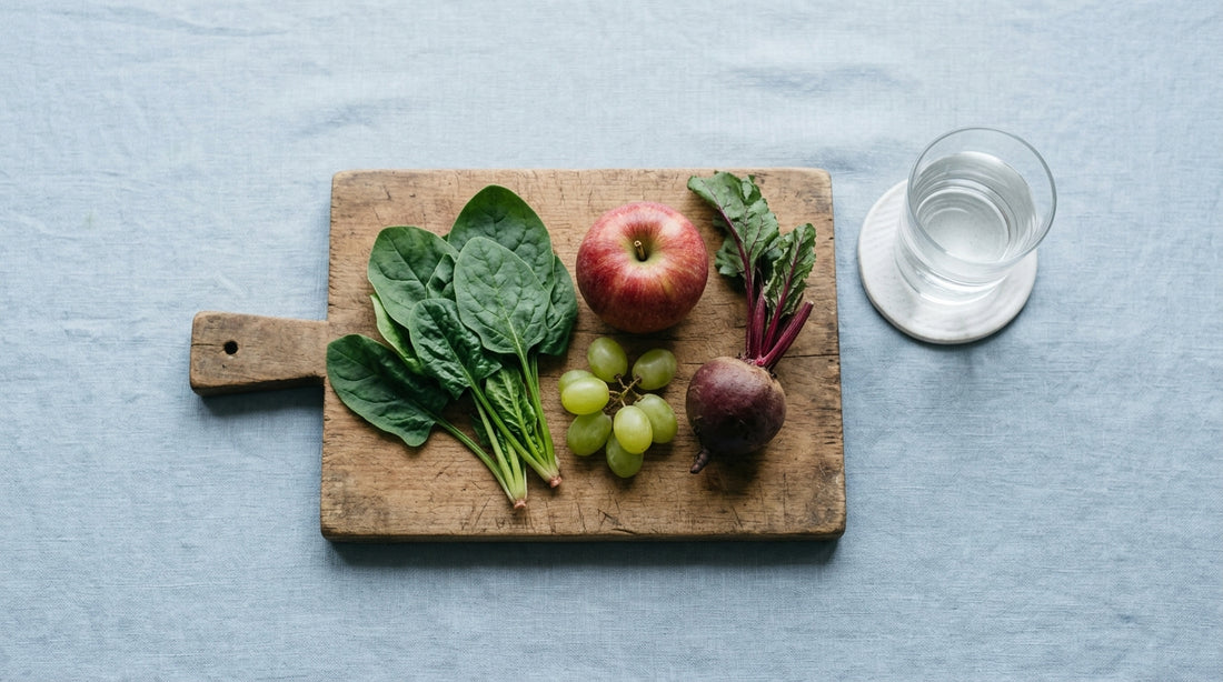 Spinach, apple, grapes and beet on a wooden board beside a glass of water