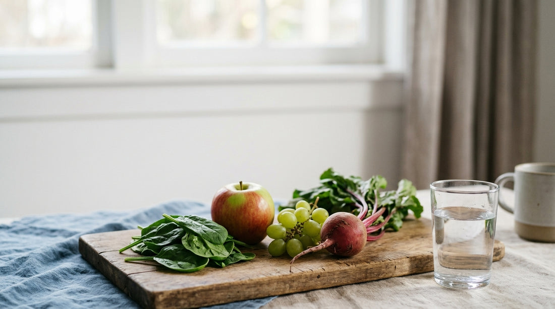 Spinach, apple, grapes and beet on a wooden board beside a glass of water