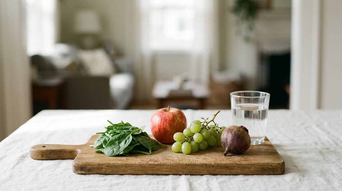 Spinach, apple, grapes and beet on a wooden board beside a glass of water