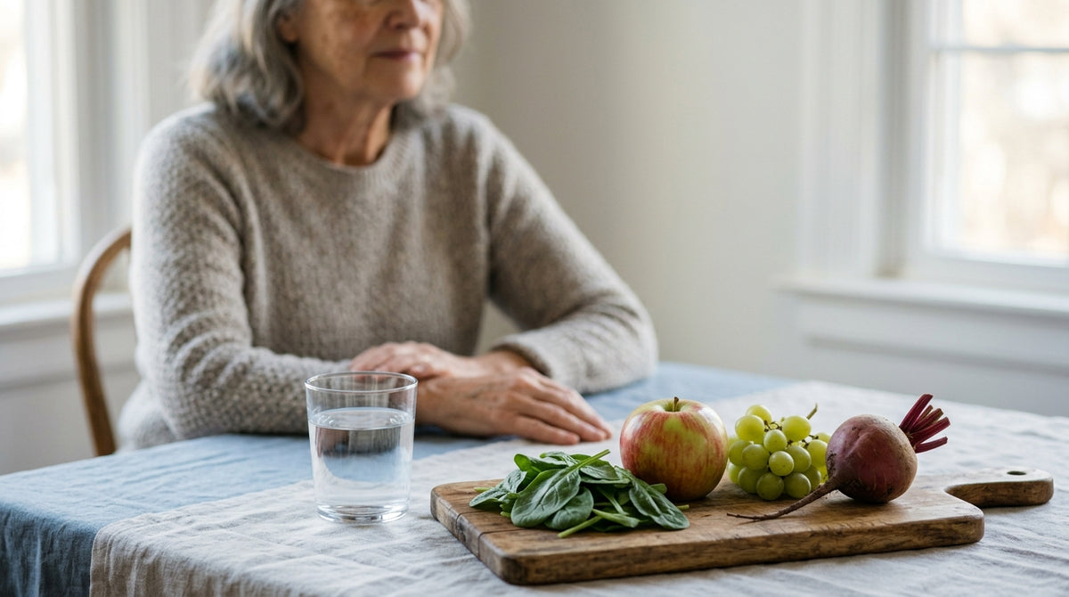 Spinach, apple, grapes and beet on a wooden board beside a glass of water