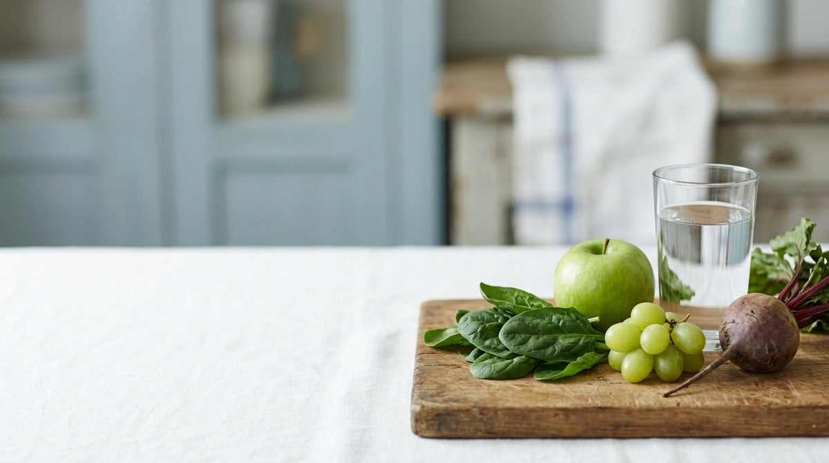 Spinach, apple, grapes and beet on a wooden board beside a glass of water