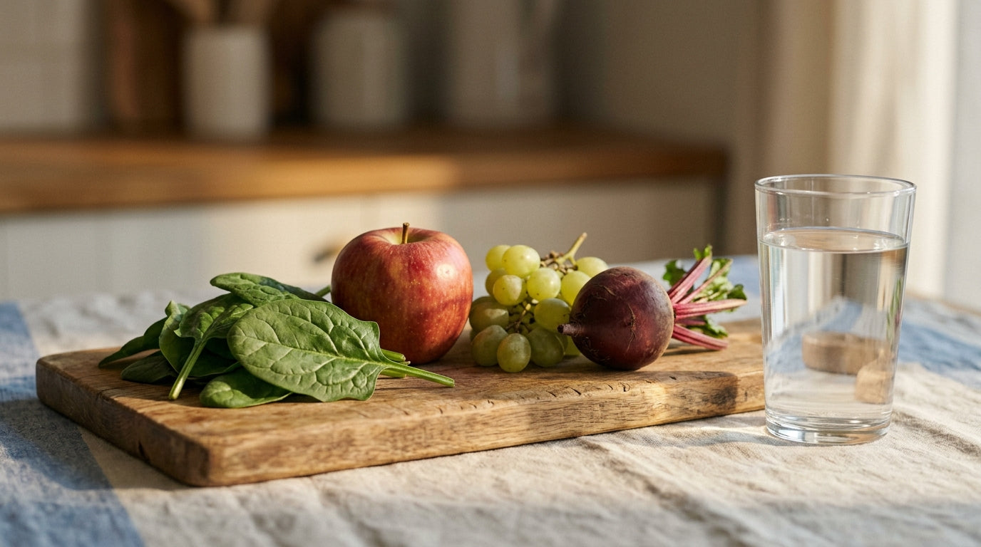 Spinach, apple, grapes and beet on a wooden board beside a glass of water