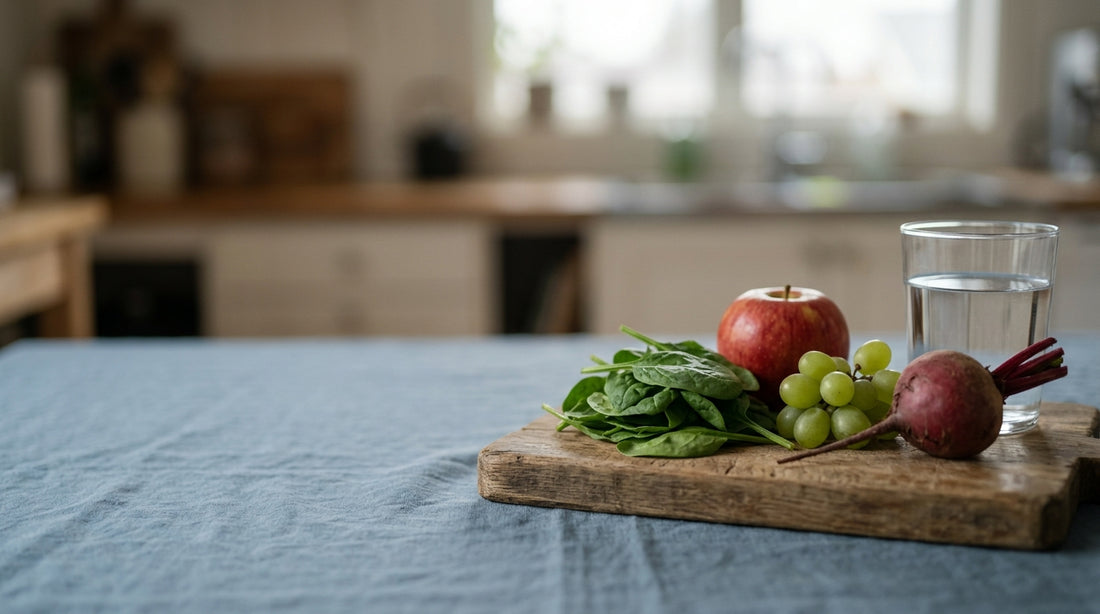 Spinach, apple, grapes and beet on a wooden board beside a glass of water