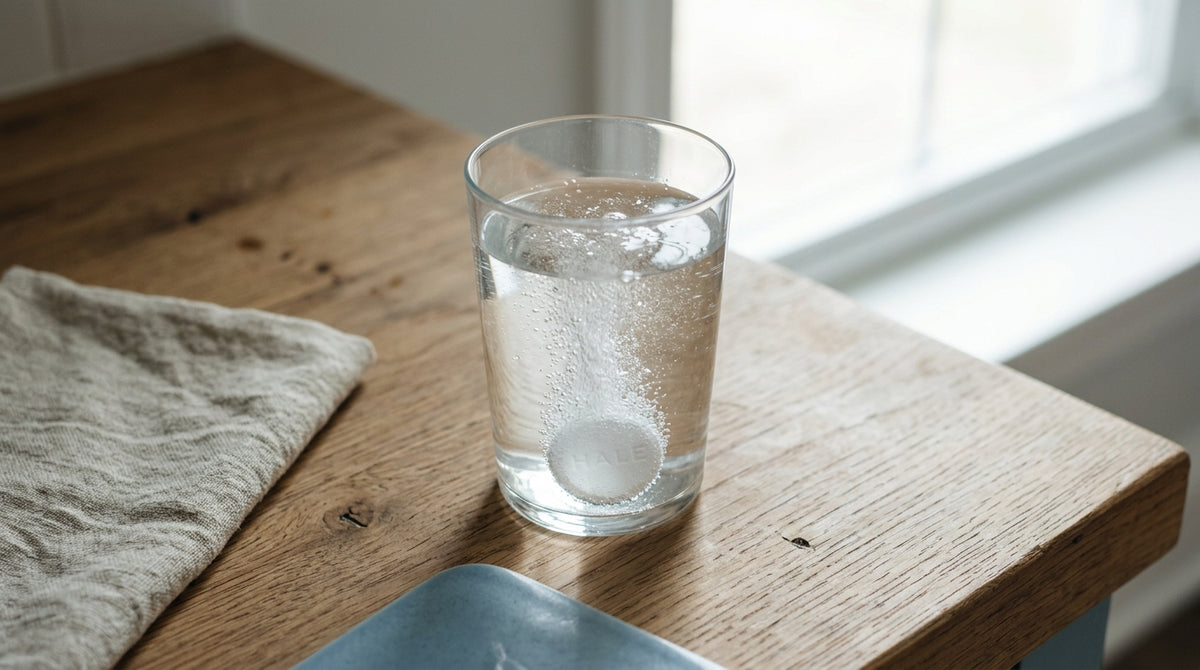 A glass of water with an effervescent tablet dissolving, fine bubbles rising through it