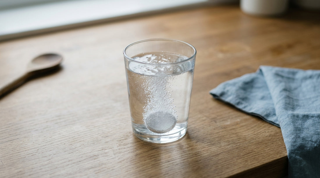 A glass of water with an effervescent tablet dissolving, fine bubbles rising through it