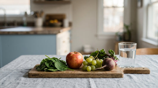 Spinach, apple, grapes and beet on a wooden board beside a glass of water