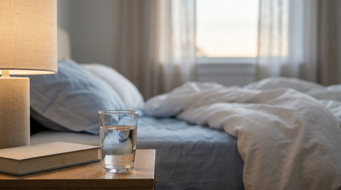 A glass of water on a nightstand at dusk beside a lamp and a book