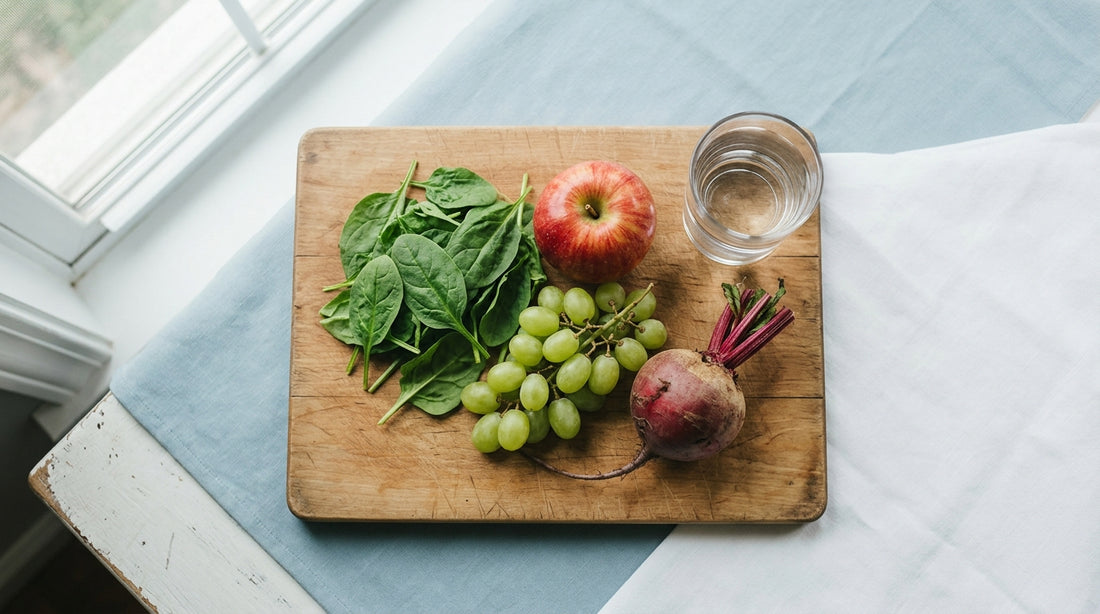Spinach, apple, grapes and beet on a wooden board beside a glass of water