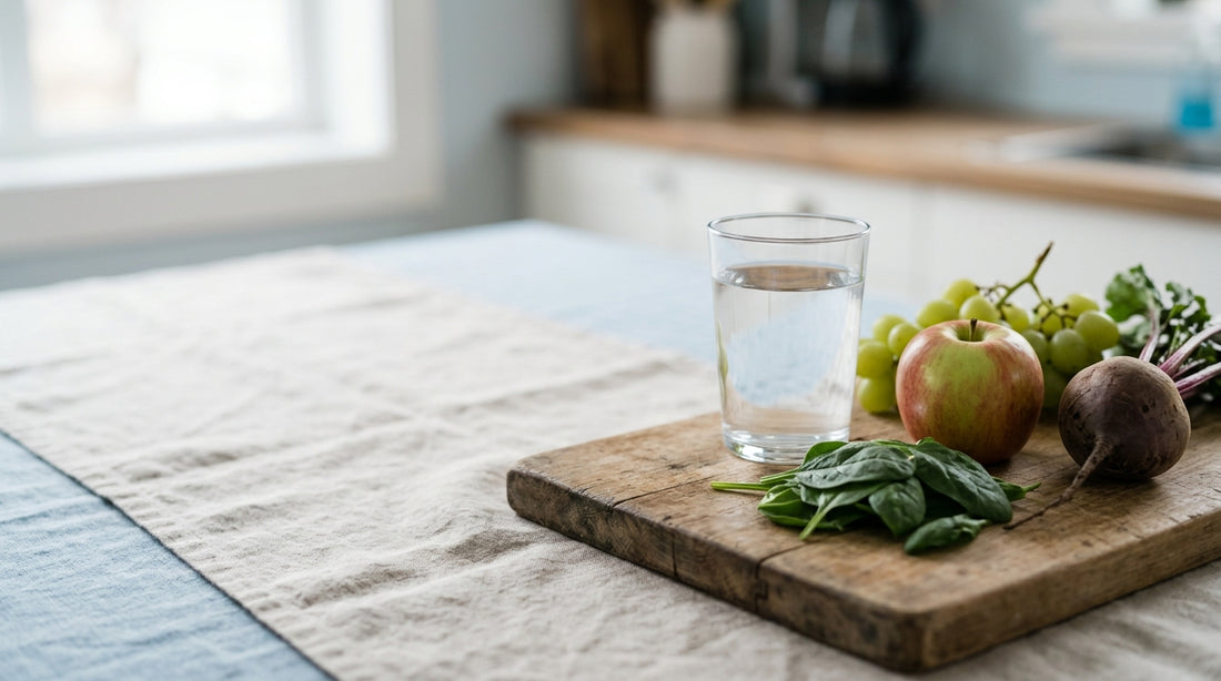 Spinach, apple, grapes and beet on a wooden board beside a glass of water