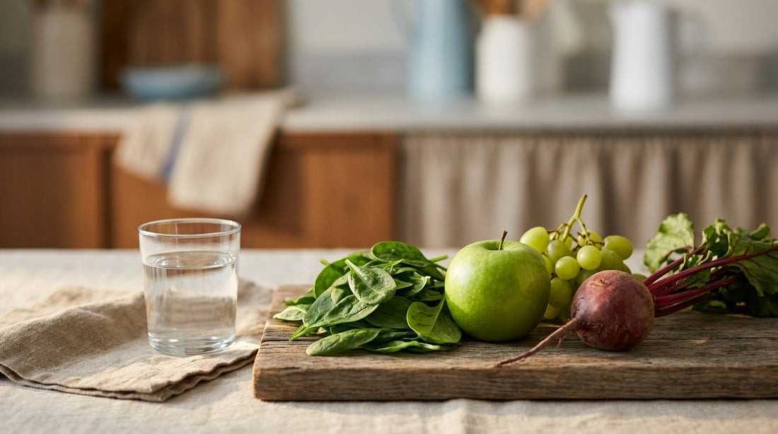 Spinach, apple, grapes and beet on a wooden board beside a glass of water