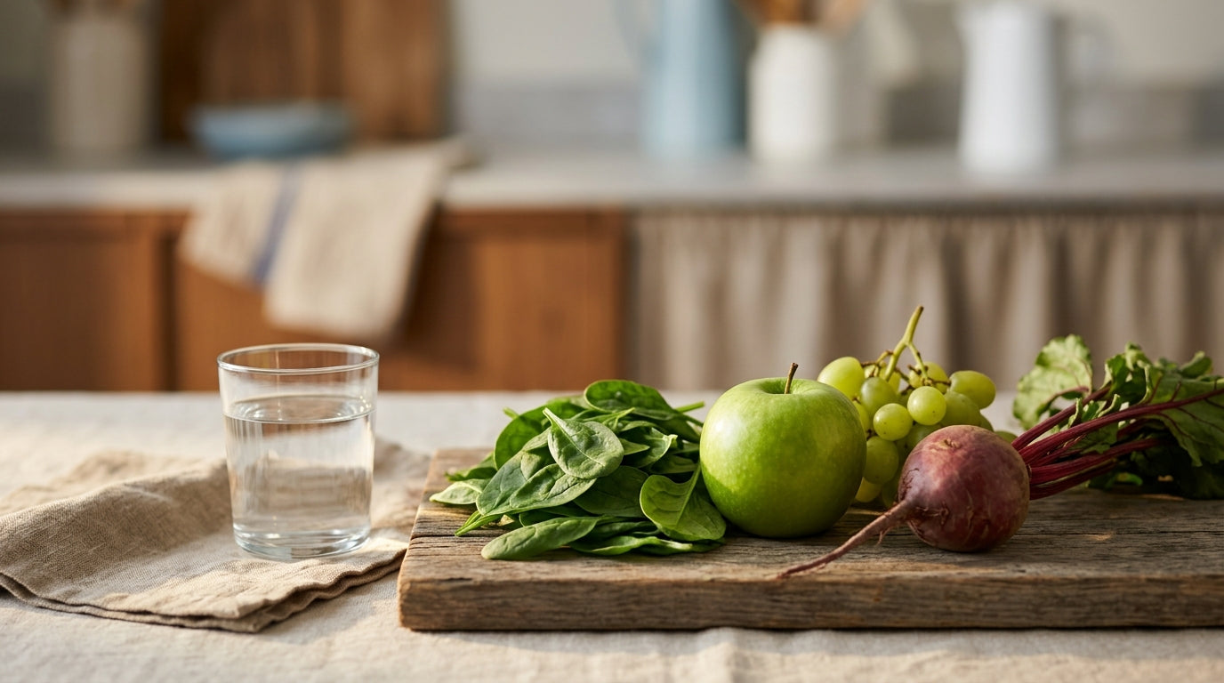 Spinach, apple, grapes and beet on a wooden board beside a glass of water