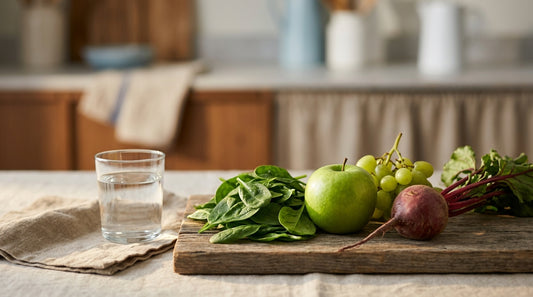 Spinach, apple, grapes and beet on a wooden board beside a glass of water