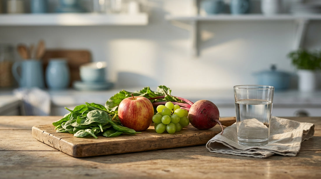 Spinach, apple, grapes and beet on a wooden board beside a glass of water