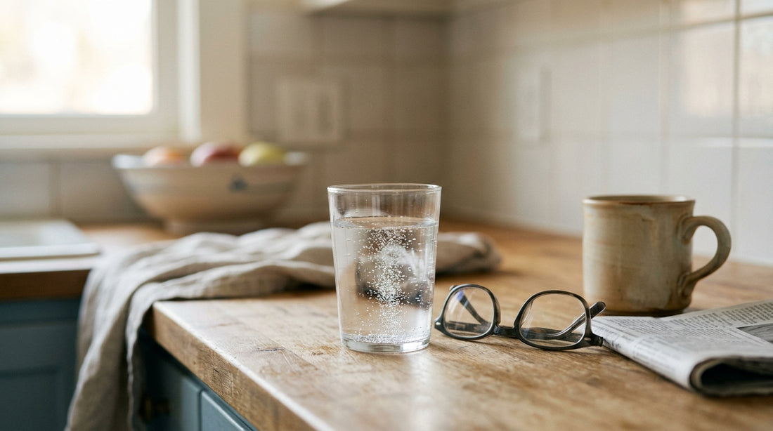 A kitchen counter in the morning with a glass of water, reading glasses and a newspaper