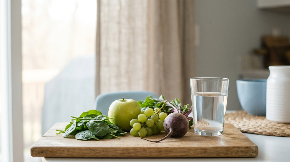 Spinach, apple, grapes and beet on a wooden board beside a glass of water