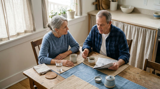 A couple in their sixties at a kitchen table with a glass of water
