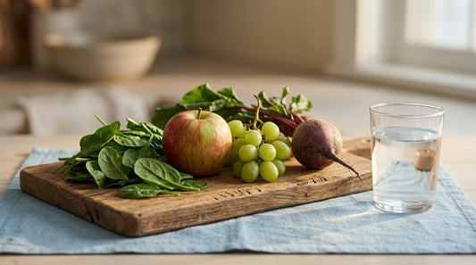 Spinach, apple, grapes and beet on a wooden board beside a glass of water