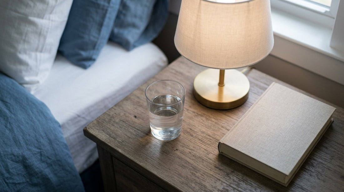 A glass of water on a nightstand at dusk beside a lamp and a book