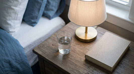 A glass of water on a nightstand at dusk beside a lamp and a book