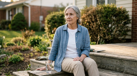 An adult in their sixties pausing outdoors at home with a glass of water beside them