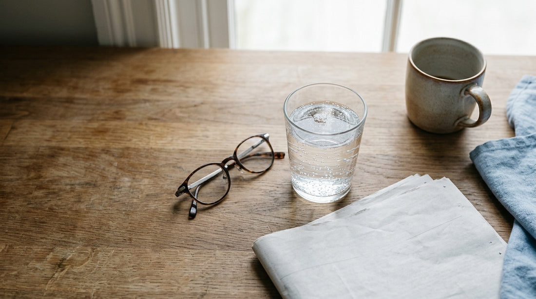 A kitchen counter in the morning with a glass of water, reading glasses and a newspaper