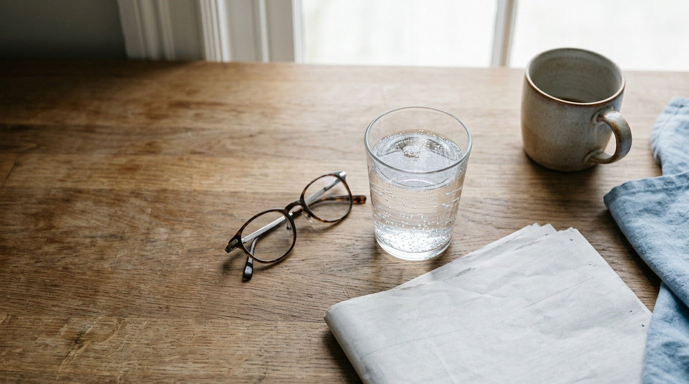 A kitchen counter in the morning with a glass of water, reading glasses and a newspaper