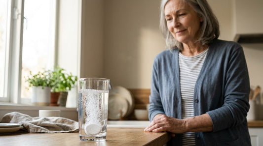 A glass of water with an effervescent tablet dissolving, fine bubbles rising through it