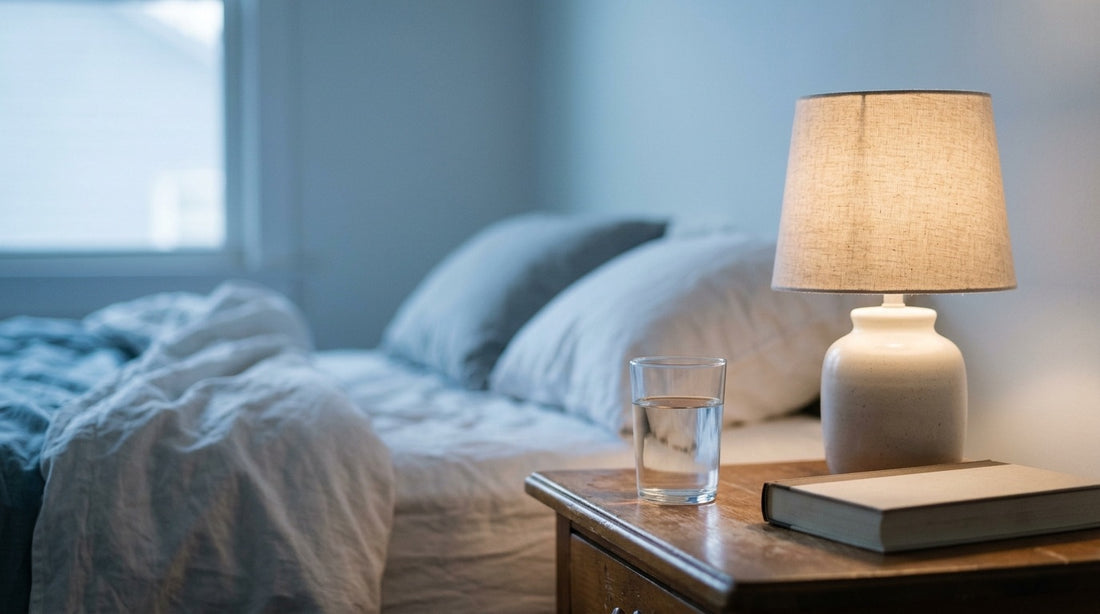 A glass of water on a nightstand at dusk beside a lamp and a book