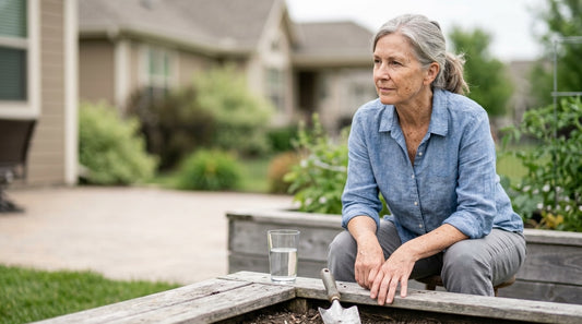 An adult in their sixties pausing outdoors at home with a glass of water beside them