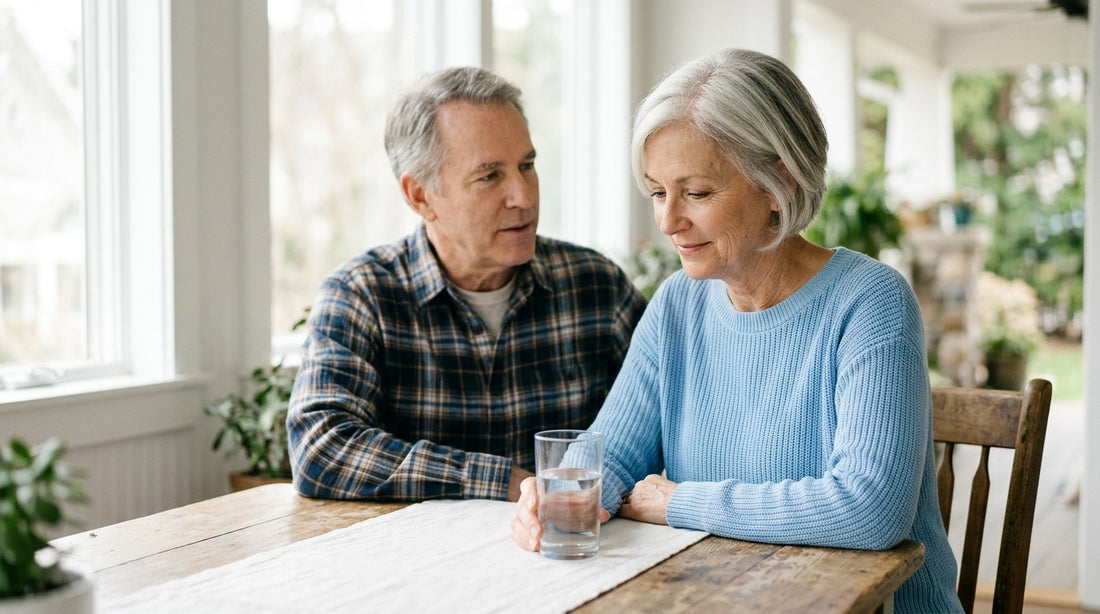 A couple in their sixties at a kitchen table with a glass of water