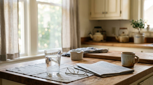 A kitchen counter in the morning with a glass of water, reading glasses and a newspaper