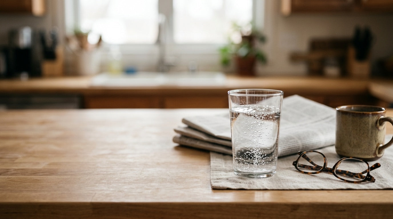 A kitchen counter in the morning with a glass of water, reading glasses and a newspaper