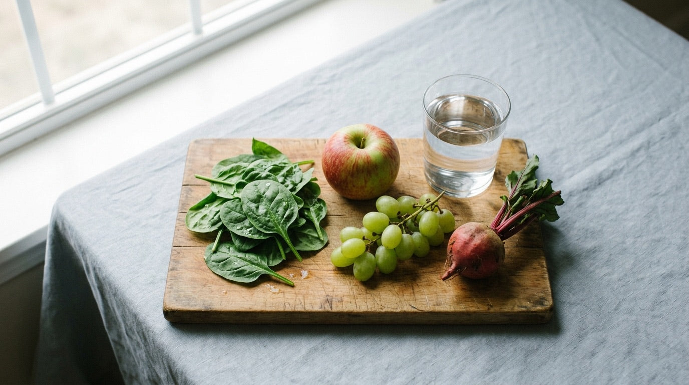 Spinach, apple, grapes and beet on a wooden board beside a glass of water
