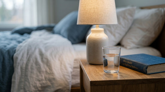 A glass of water on a nightstand at dusk beside a lamp and a book