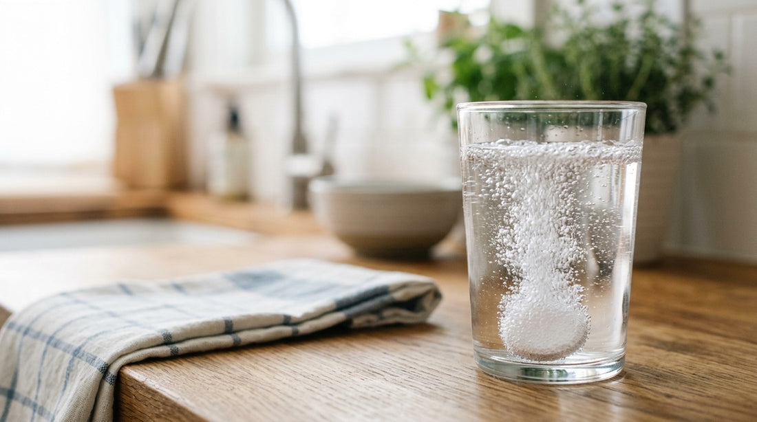 A glass of water with an effervescent tablet dissolving, fine bubbles rising through it