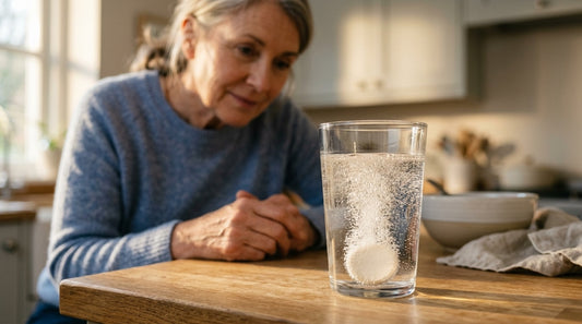 A glass of water with an effervescent tablet dissolving, fine bubbles rising through it