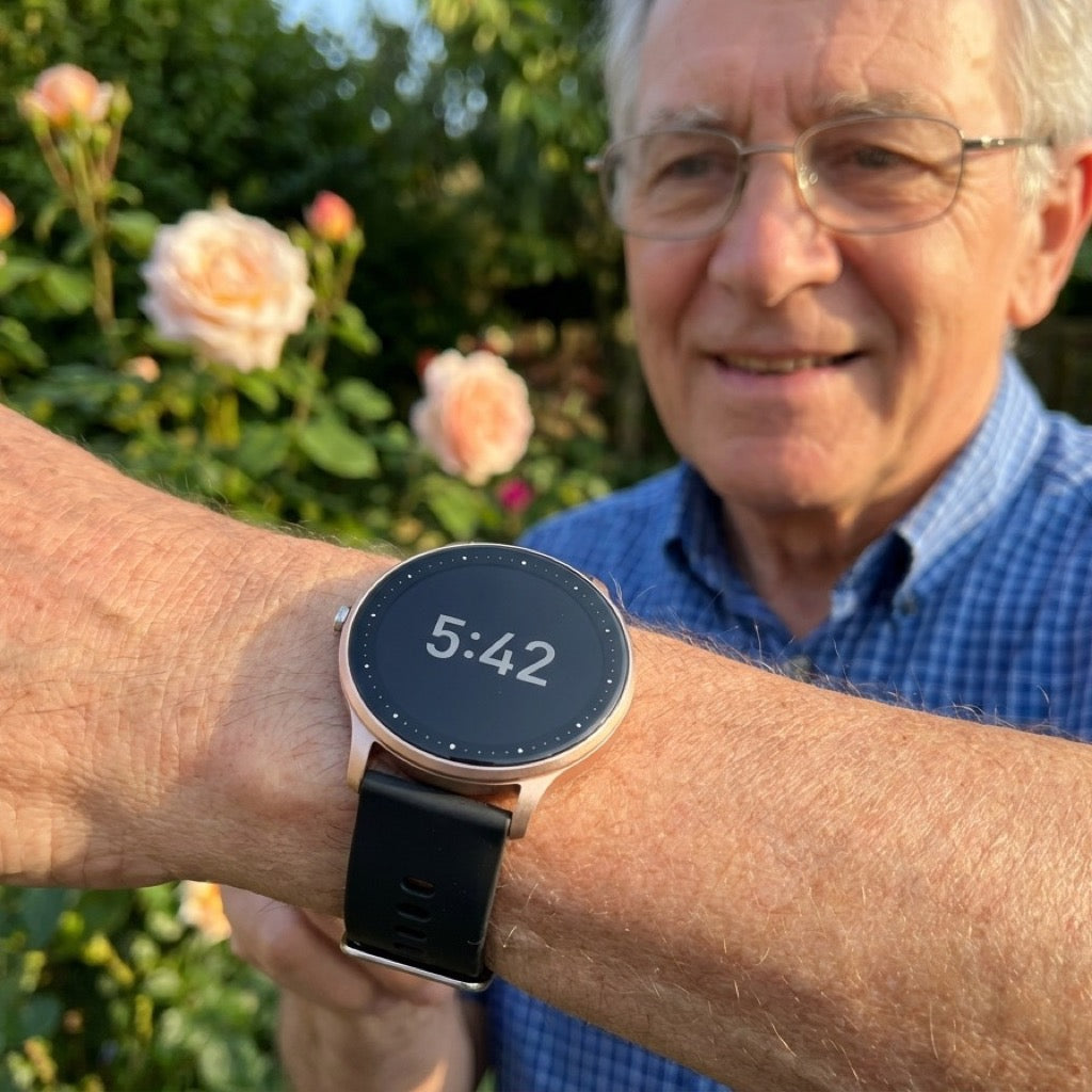 A man in his sixties checks the time on the 360 Health Tracker in his rose garden, the round screen showing 5:42 in large white digits on a black face with a black band